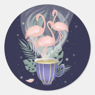 Beautiful Pink Flamingo Exotic Tea Time Classic Round Sticker