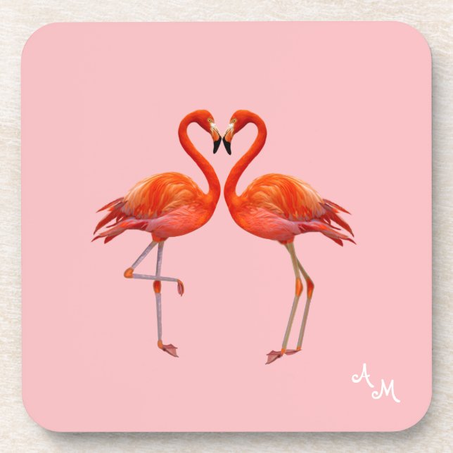 Beautiful Pink Flamingos & Monogram on Light Pink Coaster (Front)
