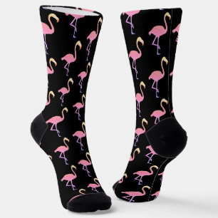Beautiful Pink Flamingos on Black Crew Socks