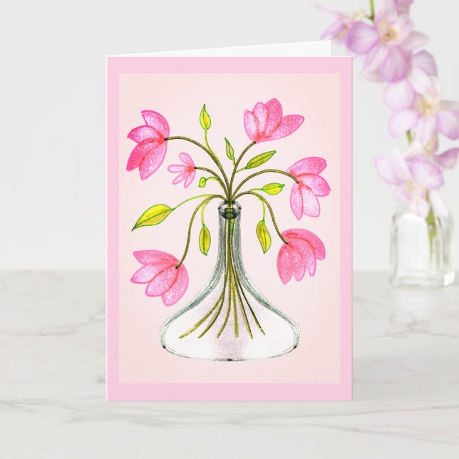 Beautiful Pink Floral Art Painted Look Card (Orchid)