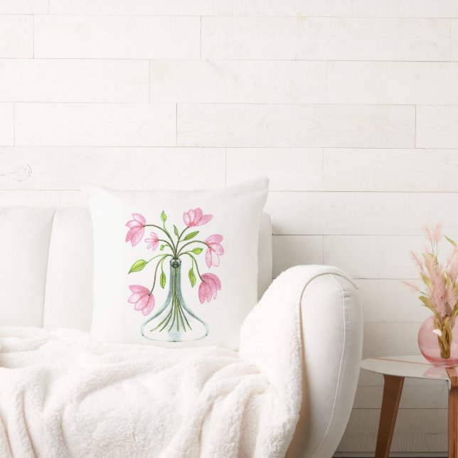 Beautiful Pink Floral Art Painted Look  Cushion (Couch)