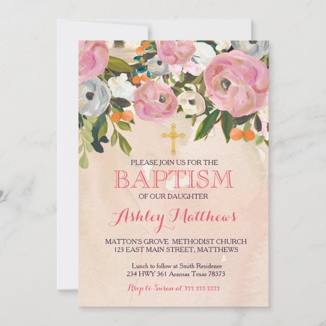 Beautiful Pink Floral BAPTISM Invitation (Front)