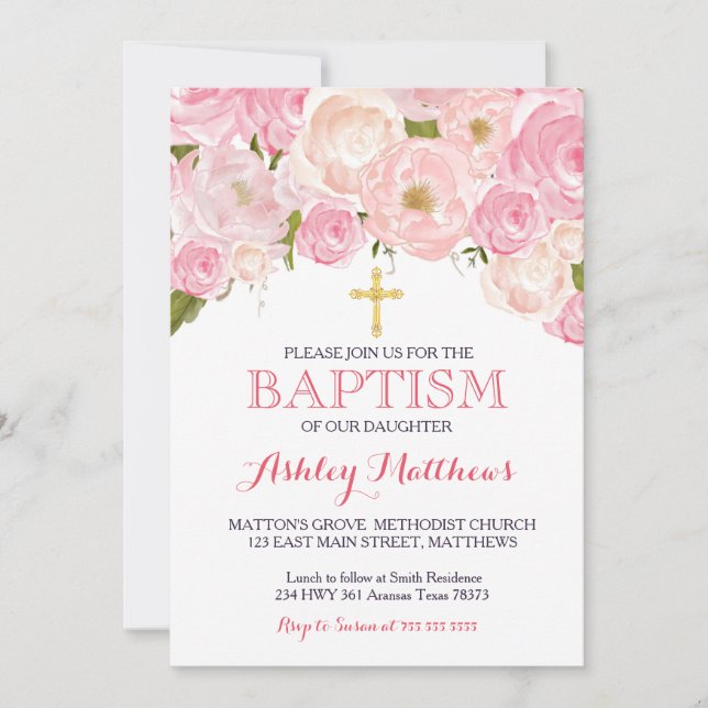 Beautiful Pink Floral BAPTISM Invitation (Front)