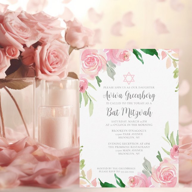Beautiful Pink Floral Bat Mitzvah Party Invitation (Creator Uploaded)