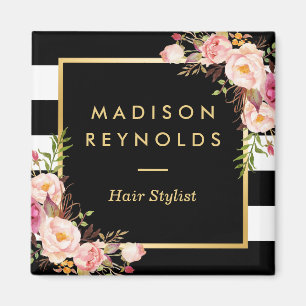 Beautiful Pink Floral Black White Striped Magnet