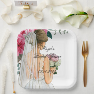 beautiful pink floral bridal shower paper plate