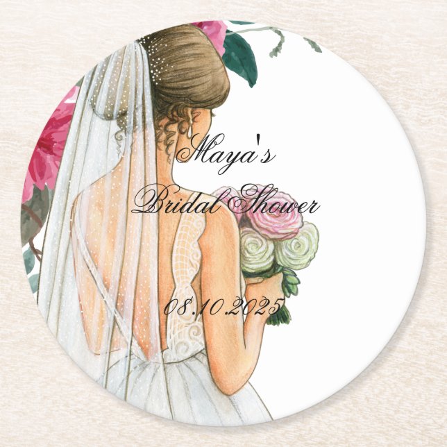 beautiful pink floral bridal shower round paper coaster (Front)