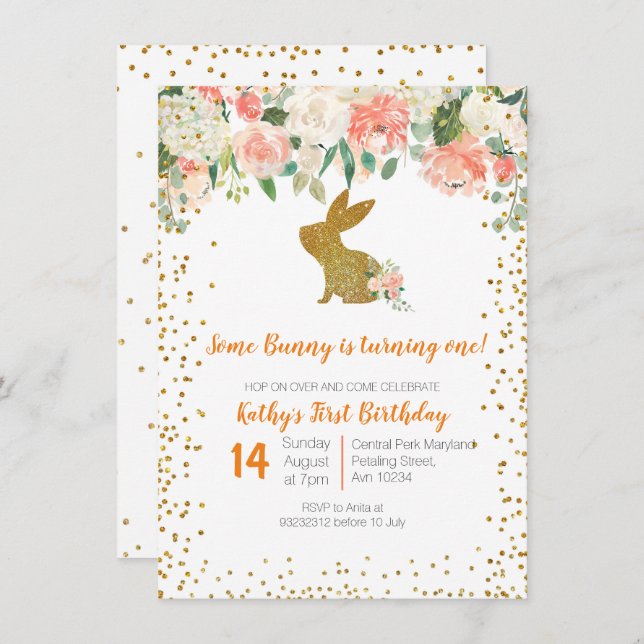 Beautiful Pink Floral Bunny 1st Birthday Invitation (Front/Back)