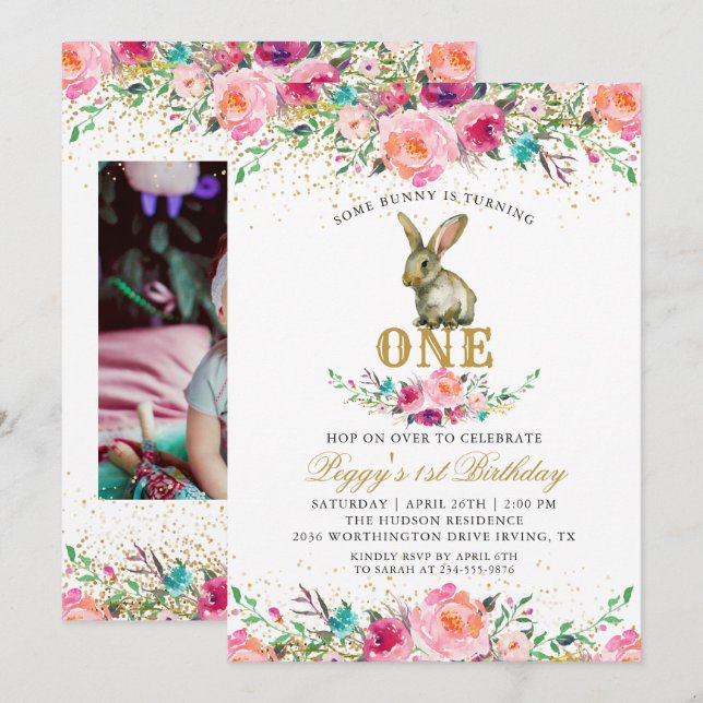 Beautiful Pink Floral Bunny 1st Birthday Photo Invitation (Front/Back)