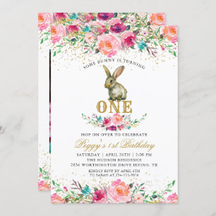 Beautiful Pink Floral Bunny 1st Birthday Photo Invitation
