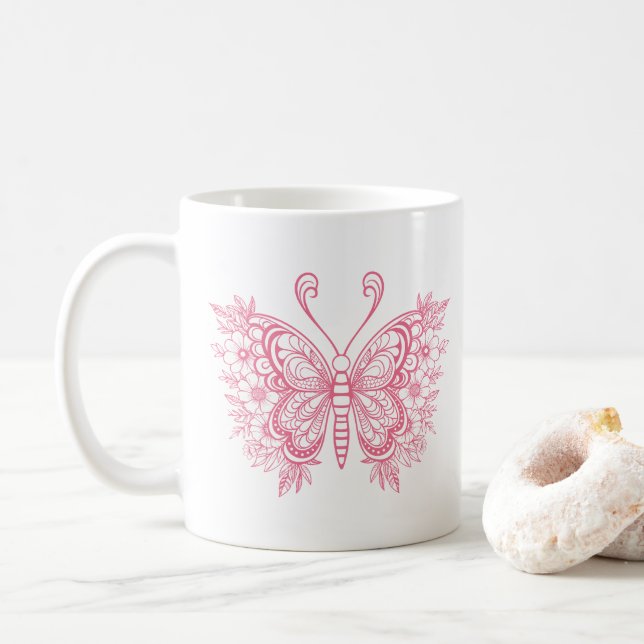 Beautiful pink floral butterfly coffee mug (With Donut)