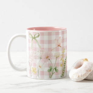 Beautiful Pink Floral Chequered Two-Tone Coffee Mug