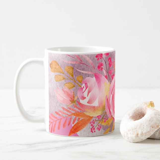 Beautiful Pink Floral   Coffee Mug (With Donut)