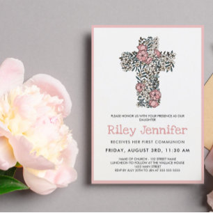 Beautiful Pink Floral Cross First Communion Invitation