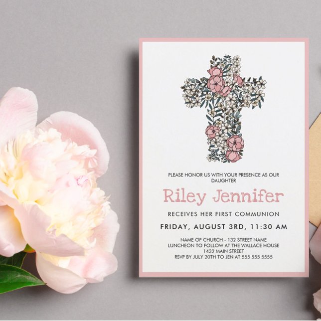 Beautiful Pink Floral Cross First Communion Invitation (Creator Uploaded)