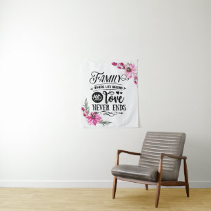 Beautiful Pink Floral Family Quote Tapestry