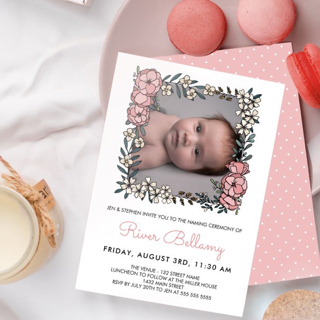 Beautiful Pink Floral Frame Photo Naming Ceremony Invitation (Creator Uploaded)