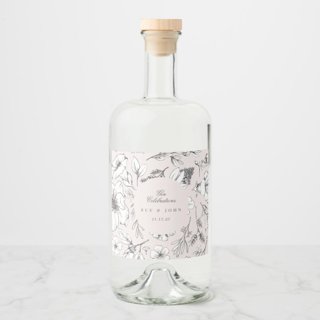 Beautiful Pink Floral Monogram Sketched Wedding Liquor Bottle Label (Front)