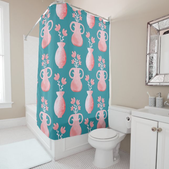 Beautiful Pink Floral Pattern on Blue Shower Curtain (In Situ)