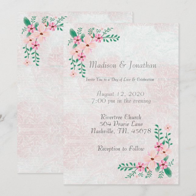 Beautiful Pink Floral Watercolor Wedding Invitation (Front/Back)