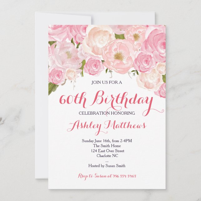 Beautiful Pink Floral Woman Birthday Invitation (Front)