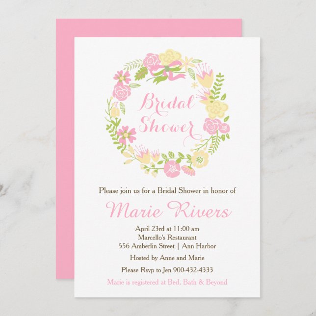 Beautiful Pink Floral Wreath Bridal Shower Invitation (Front/Back)