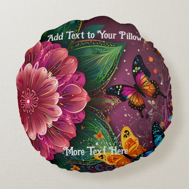 Beautiful Pink Flower and Butterflies design Round Cushion (Back)