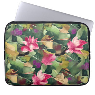 Beautiful Pink Flower and Tropical Leaf Pattern  Laptop Sleeve