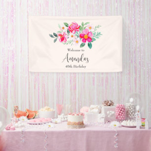 Beautiful Pink Flower Bouquet Birthday Welcome Banner