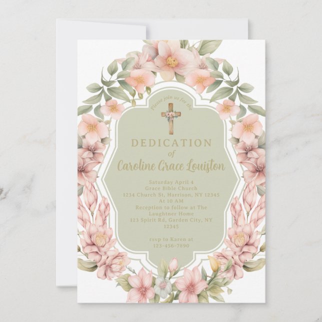Beautiful Pink Flower Christian Church Dedication Invitation (Front)