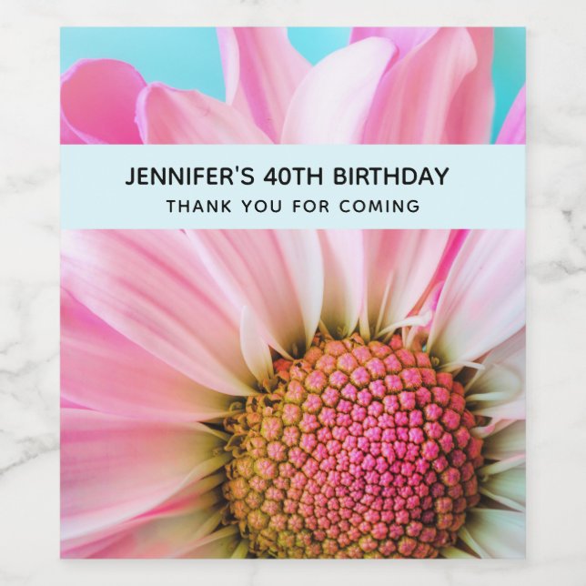 Beautiful Pink Flower Close Up Photo Birthday Wine Label (Single Label)