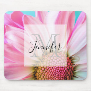 Beautiful Pink Flower Close Up Photo Monogram Mouse Pad