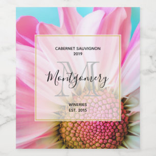 Beautiful Pink Flower Close Up Photo Wine Making Label