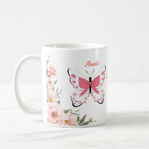 Beautiful Pink Flowers Butterflies Name Monogram  Coffee Mug