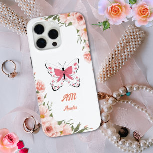 Beautiful Pink Flowers Butterfly Girly Name  iPhone 15 Pro Max Case