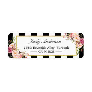 Beautiful Pink Flowers Classic Black White Stripes Return Address Label