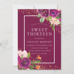 Beautiful Pink Flowers Girls 13th Birthday Party Invitation