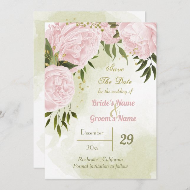 beautiful pink flowers green leaves botanical save the date (Front/Back)
