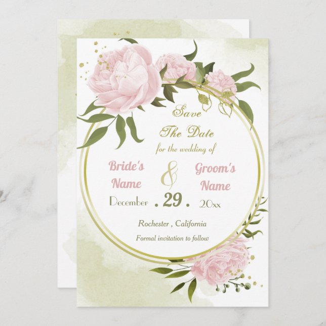 beautiful pink flowers green leaves wreath save the date (Front/Back)