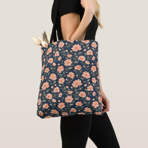 Beautiful Pink Flowers on Dark Blue Background Tote Bag