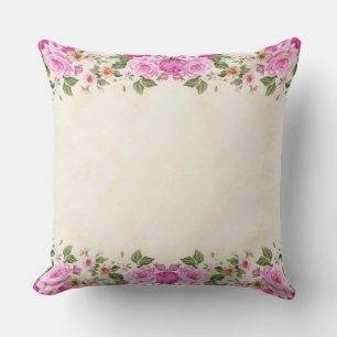 Beautiful pink flowers on light champagne beige cushion