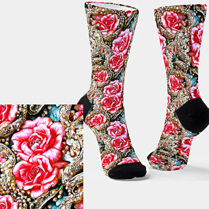 Beautiful Pink Flowers & Pearls Metallic Graphic Socks