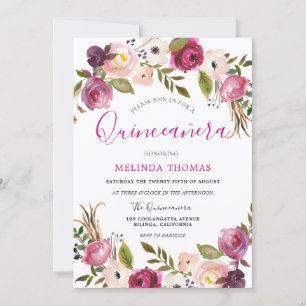 Beautiful Pink Flowers Quinceanera 15th Birthday Invitation