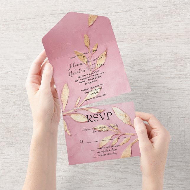 Beautiful Pink Glam Gold Leaves Wedding All In One Invitation (Tearaway)
