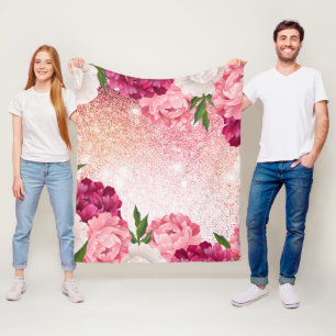 Beautiful Pink Glitter Floral Fleece Blanket
