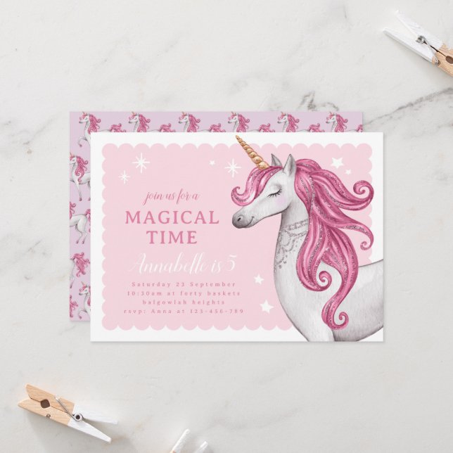 Beautiful Pink Glitter Unicorn Birthday Invite (Front/Back In Situ)