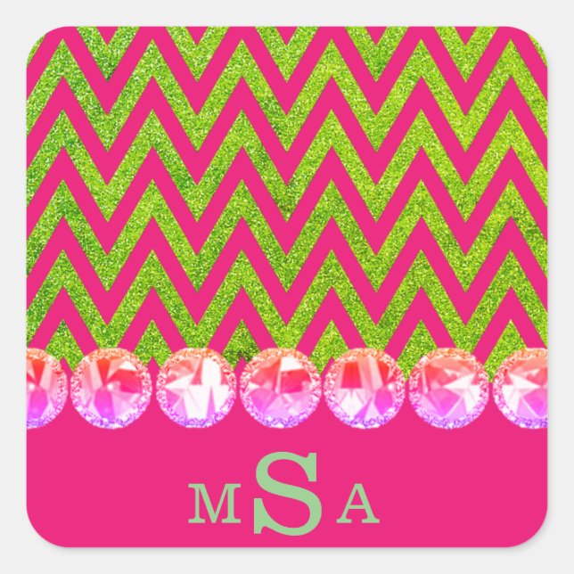 Beautiful Pink Green Chevron Bling Glitter Elegant Square Sticker (Front)