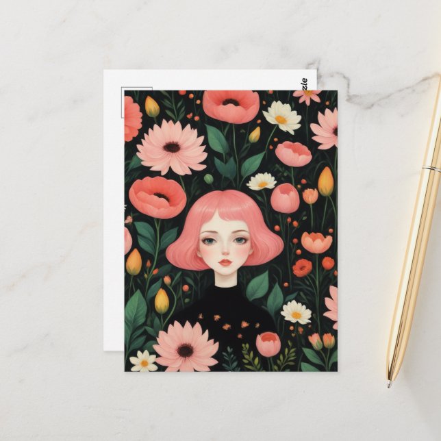 Beautiful Pink Hair and Flowers Postcard (Front/Back In Situ)