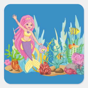 Beautiful PINK HAIR mermaid playing in the sea Square Sticker
