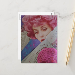 Beautiful Pink Hair Retro Lady Mixed Media Collage Postcard